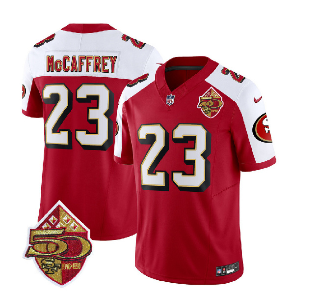 Men's San Francisco 49ers #23 Christian McCaffrey Red/White 2023 F.U.S.E. 50th Patch Throwback Football Stitched Jersey